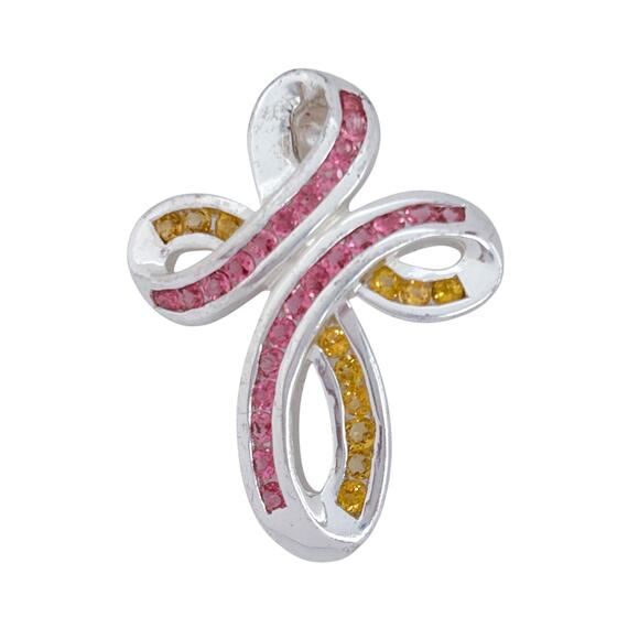 Estate Sterling Silver 925 Yellow Citrine Pink Tourmaline Twist Cross Pendant - Picture 3 of 8